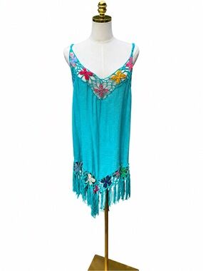 Turquoise Crochet Floral Fringe Boho Dress Swim Cover Up One Size NWOT